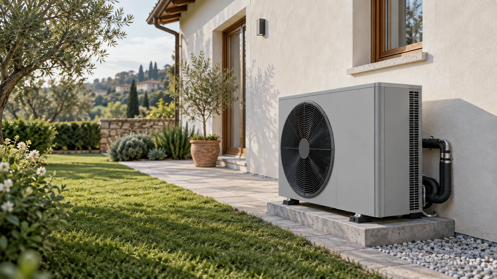 Pompa di calore esterna accanto a un’abitazione